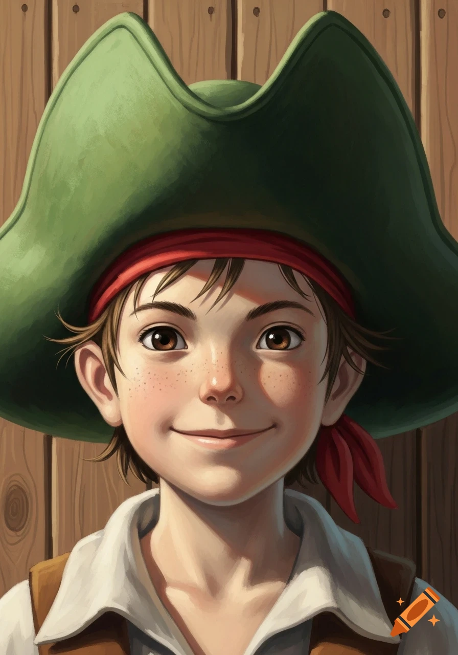 Close-up portrait of a smiling child pirate in a green hat and red bandana, with freckles, in a Ghibli-inspired painterly style.