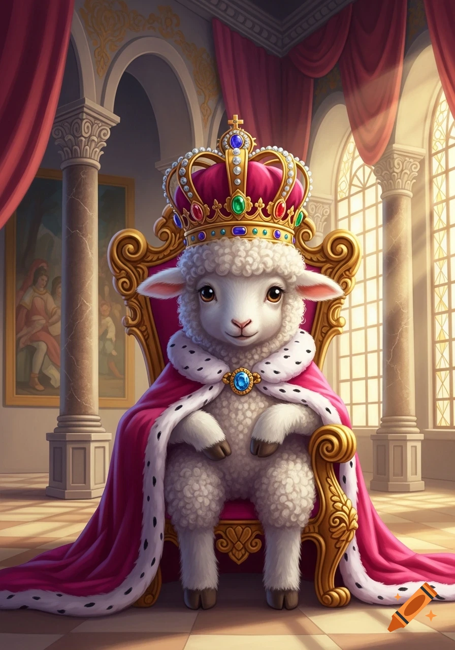 A cute lamb in a golden jeweled crown and pink ermine-trimmed royal cape sits on an ornate golden throne in a grand palace.