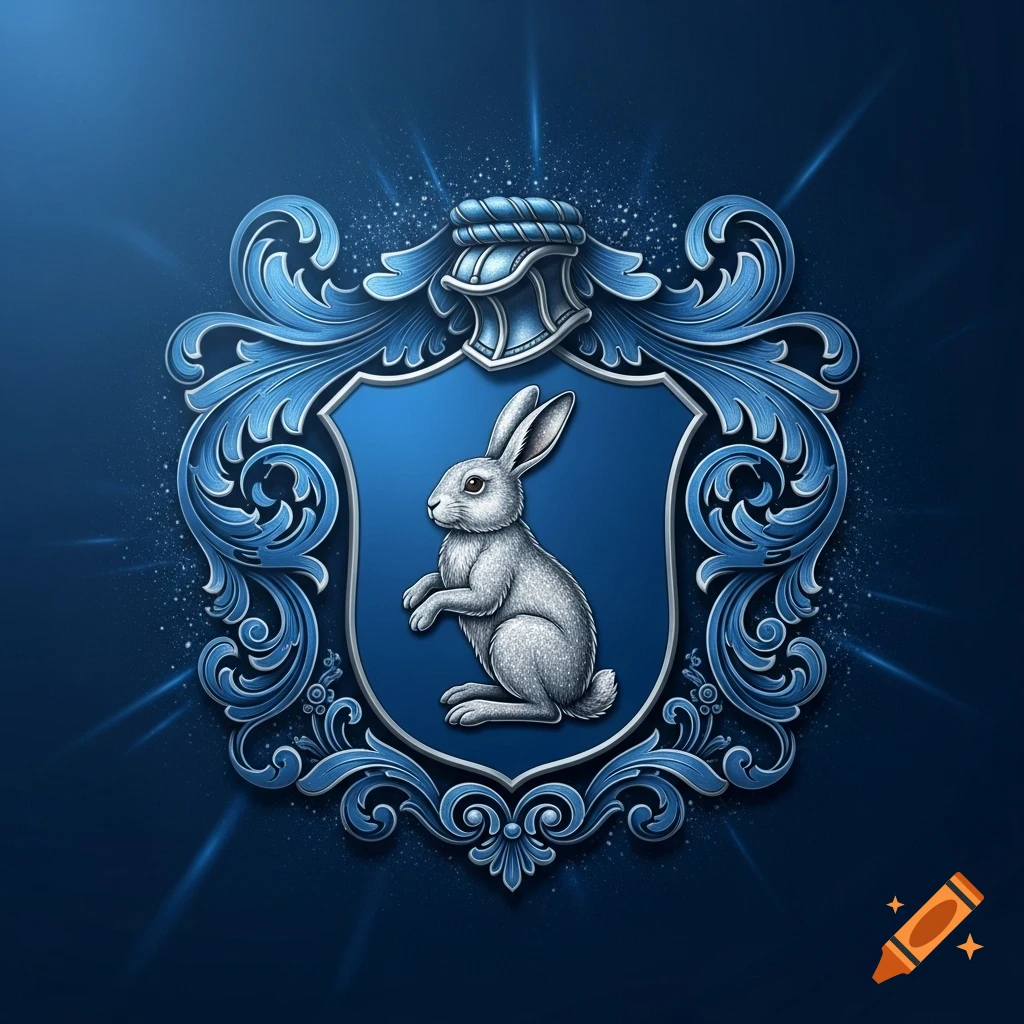 A detailed silver rabbit within an ornate blue and silver coat of arms, set against a dark blue background.