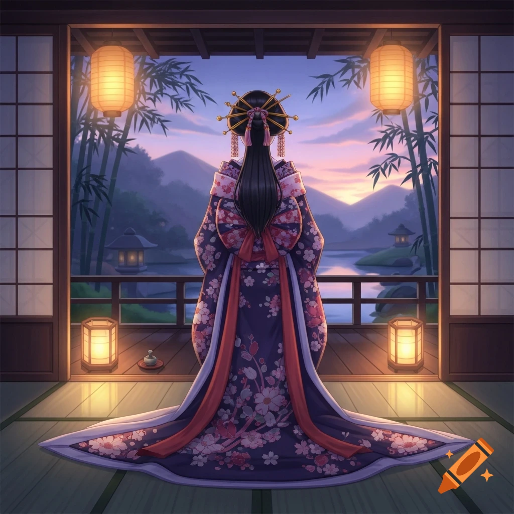 A woman in a vibrant floral kimono and elaborate traditional hairstyle stands with her back to the viewer, looking out over a serene Japanese landscape with mountains, a lake, and bamboo at sunset, framed by a traditional building.