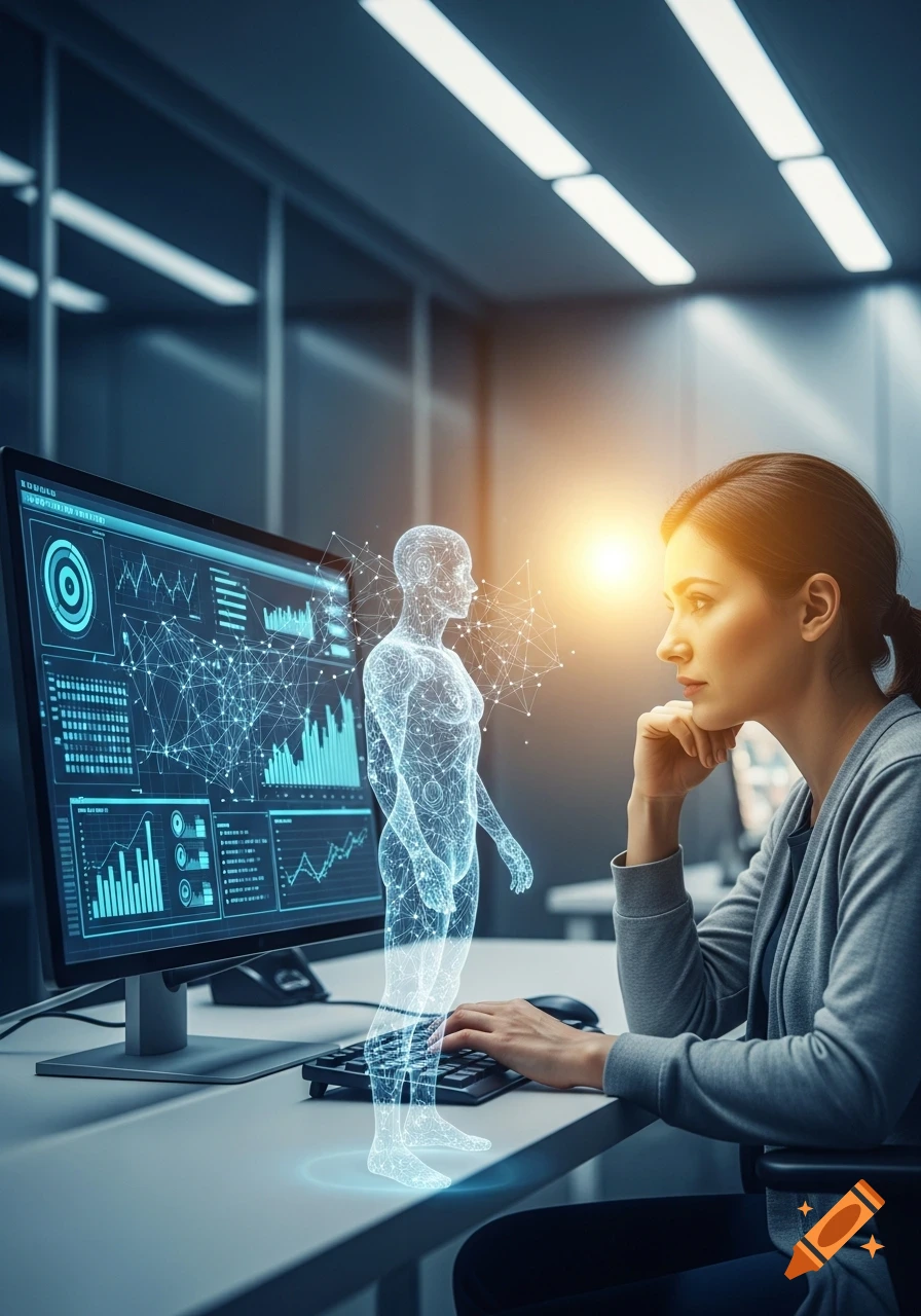 A woman works at a computer, looking at a glowing holographic human figure with data visualizations on the screen in a modern office.
