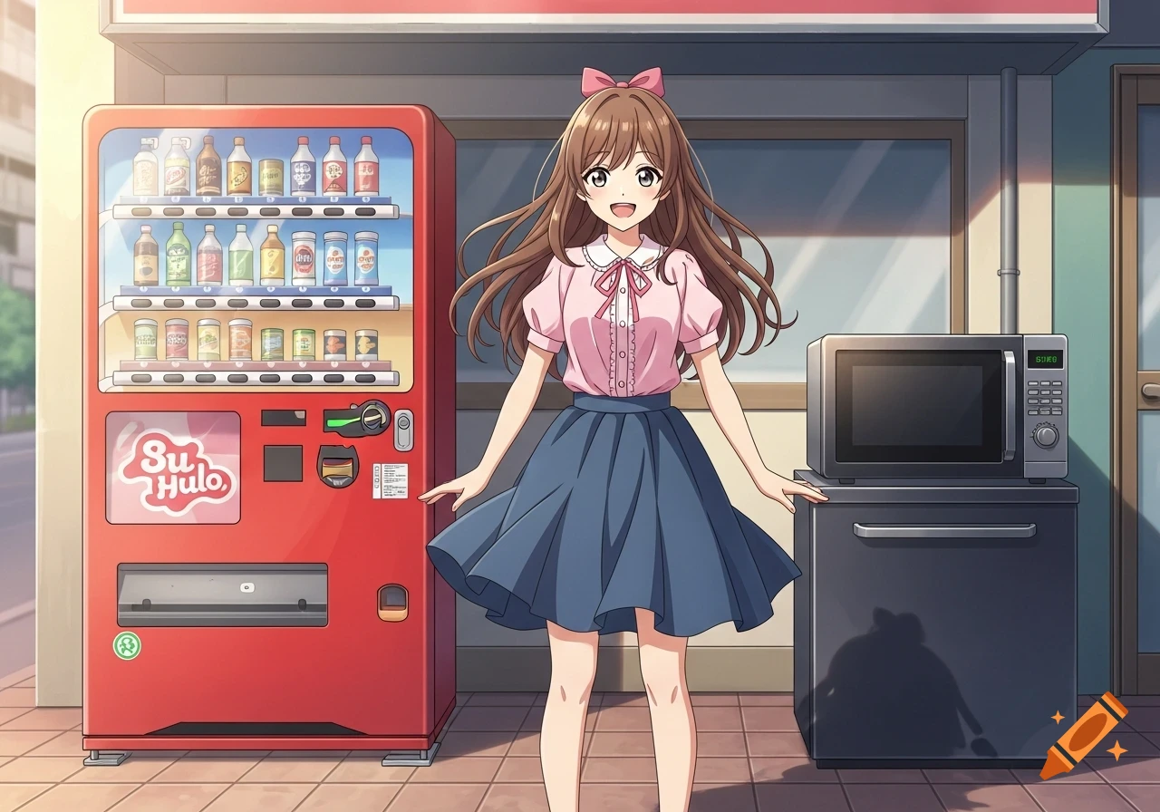 An anime girl with brown hair and a pink bow smiles, wearing a pink shirt and blue skirt. She stands between a red vending machine and a black microwave.