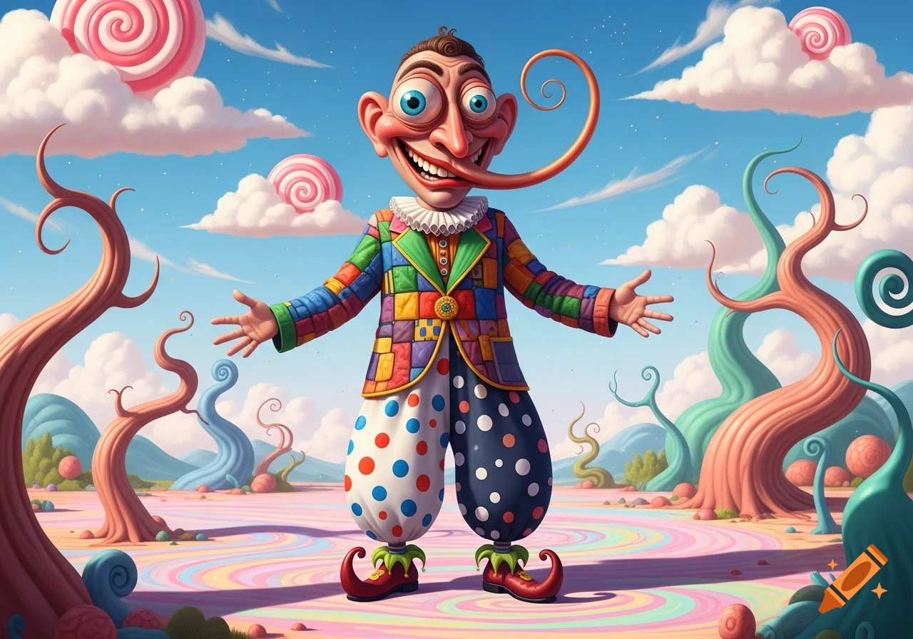 A bizarre, wide-eyed clown with a long tongue and a colorful patchwork suit stands in a vibrant candy-land.
