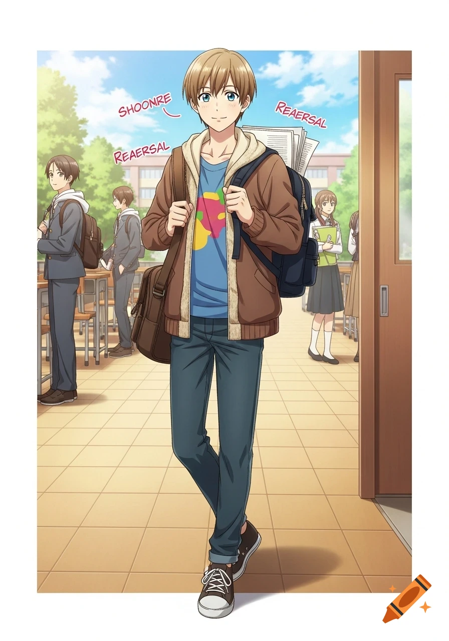 An anime-style boy with light brown hair and blue eyes, wearing a brown jacket, blue t-shirt, and jeans, walks down a school hallway carrying a backpack.