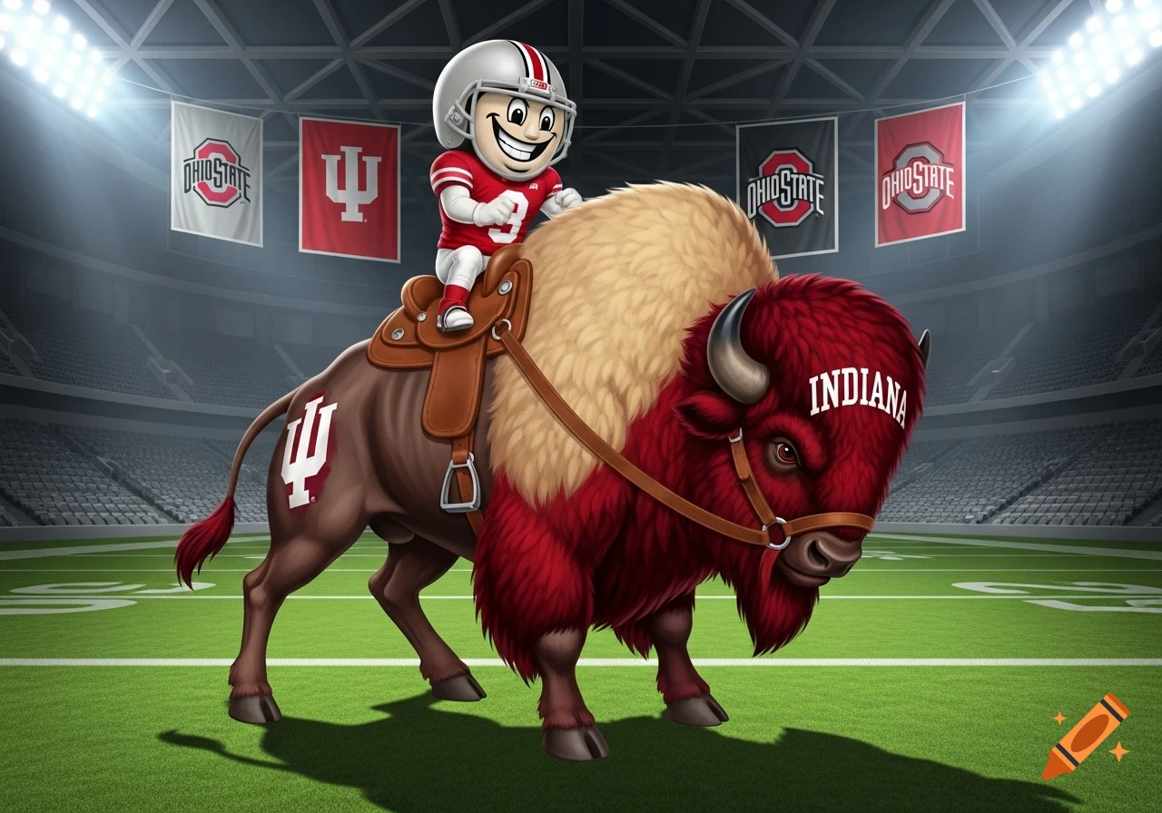 Cartoon Ohio State Buckeye mascot riding a crimson and cream Indiana bison in a football stadium.