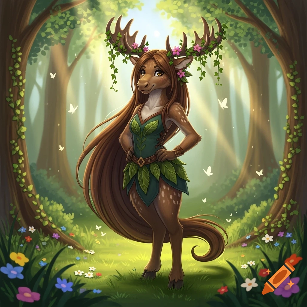 A cute anthropomorphic female deer-like creature with long brown hair, antlers adorned with flowers and vines, and a leafy green dress stands in an enchanted forest.