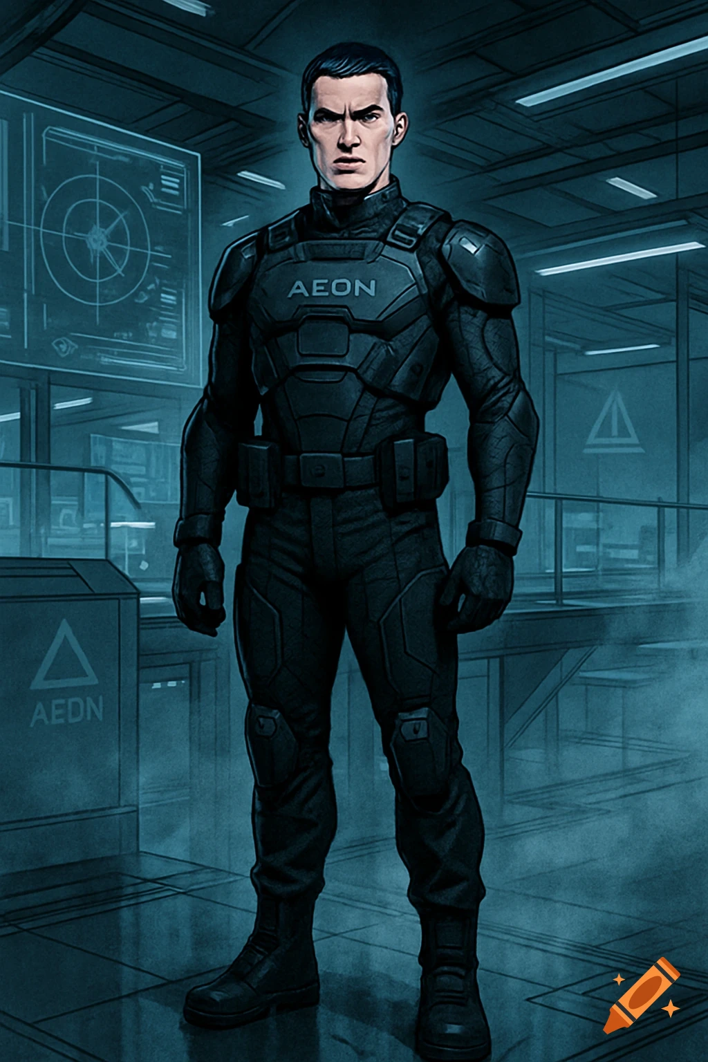 A man in a black tactical suit stands in a futuristic, high-tech command facility, in a comic book art style.