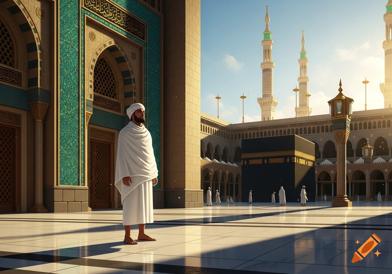A man in white ihram stands in the sunlit Grand Mosque courtyard in Mecca, with the Kaaba and minarets in the background, cinematic style.