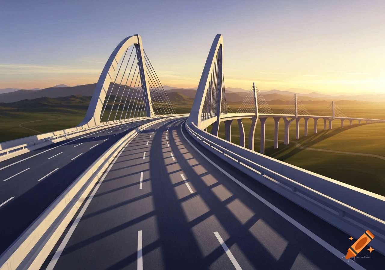 A modern highway with elegant white cable-stayed bridges curving over a green landscape under a warm sunset sky.