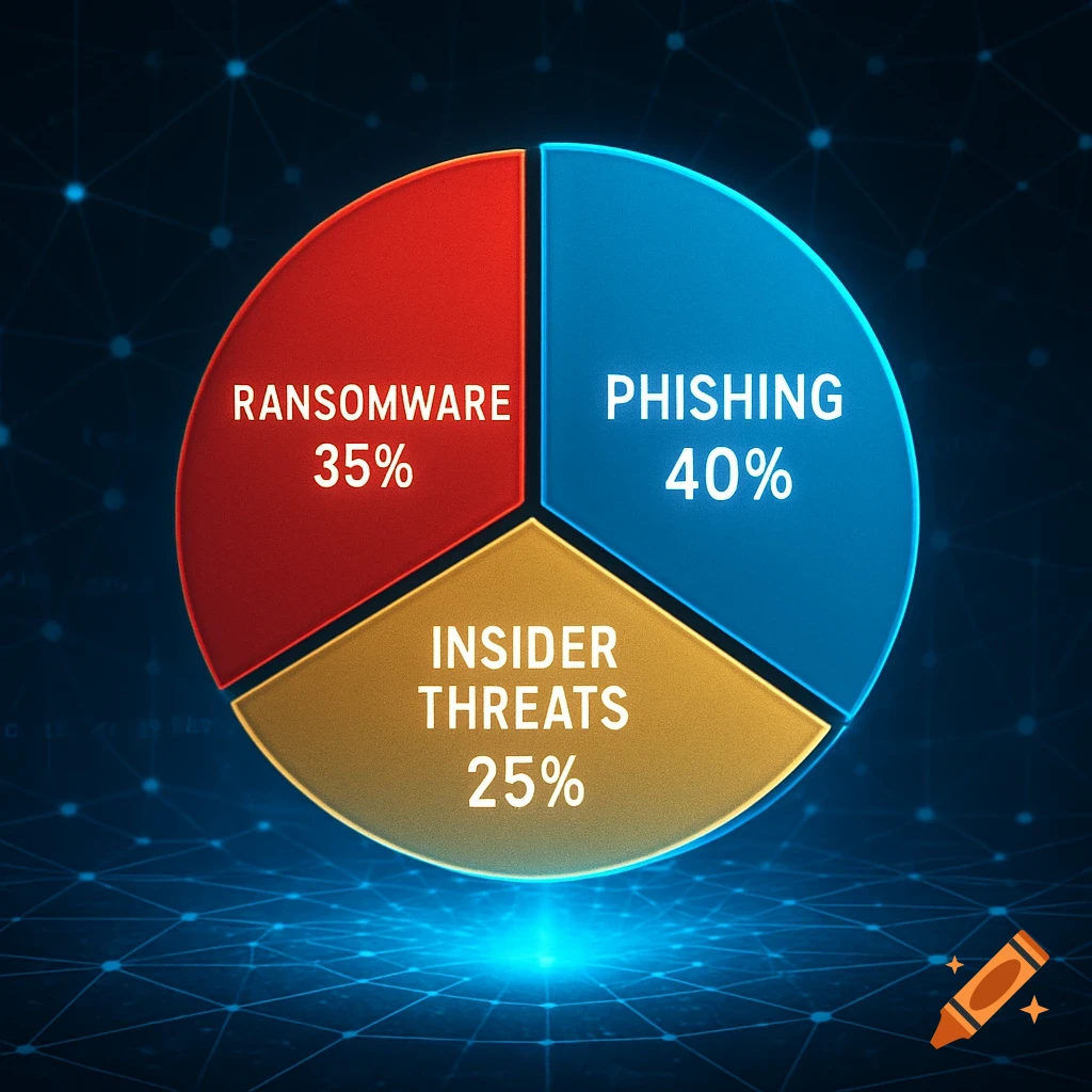 A 3D pie chart illustrating cybersecurity breach types: Phishing (40%), Ransomware (35%), and Insider Threats (25%) on a digital blue background.