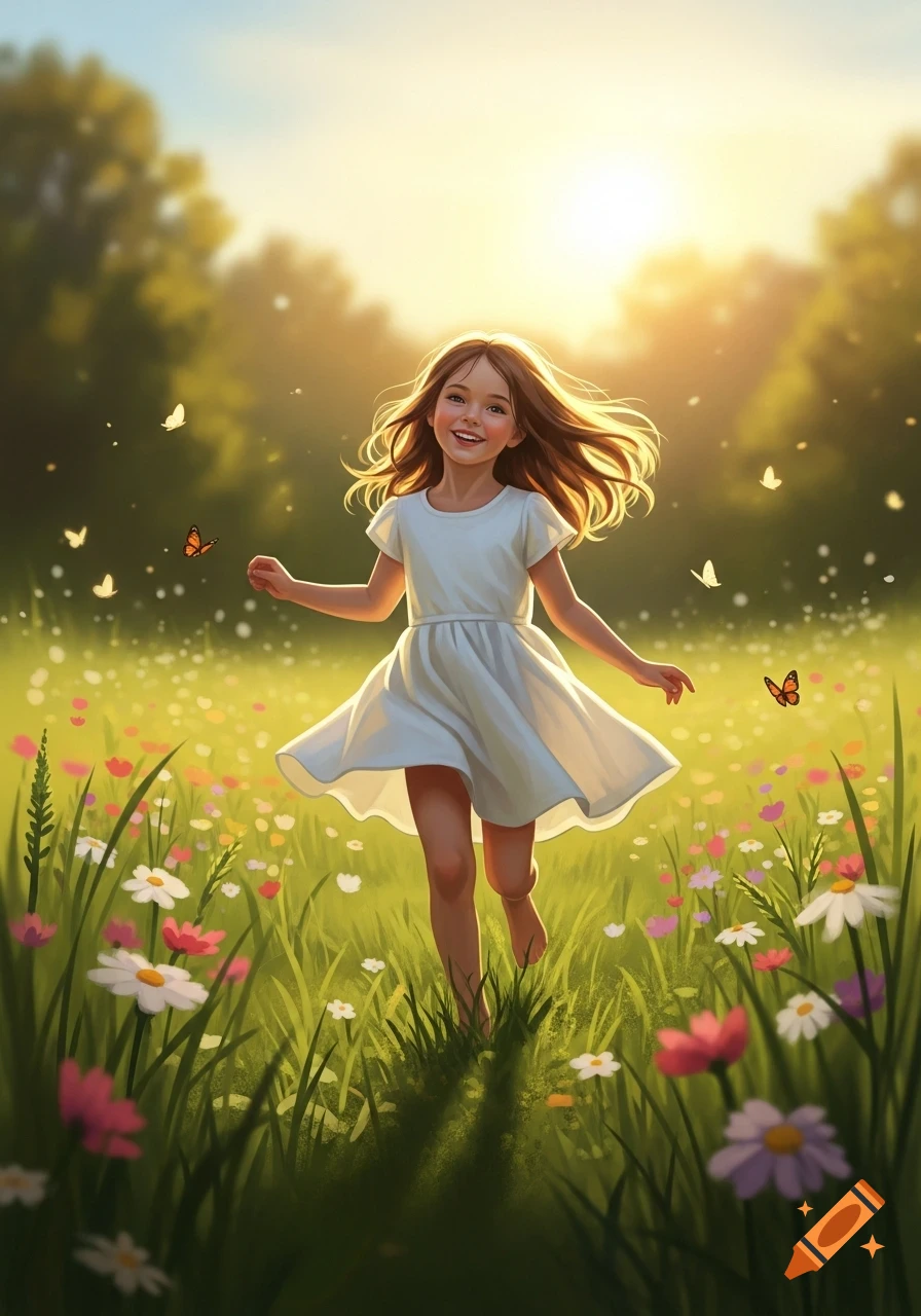 Smiling young girl in a white dress runs barefoot through a sunny field of colorful flowers with butterflies.