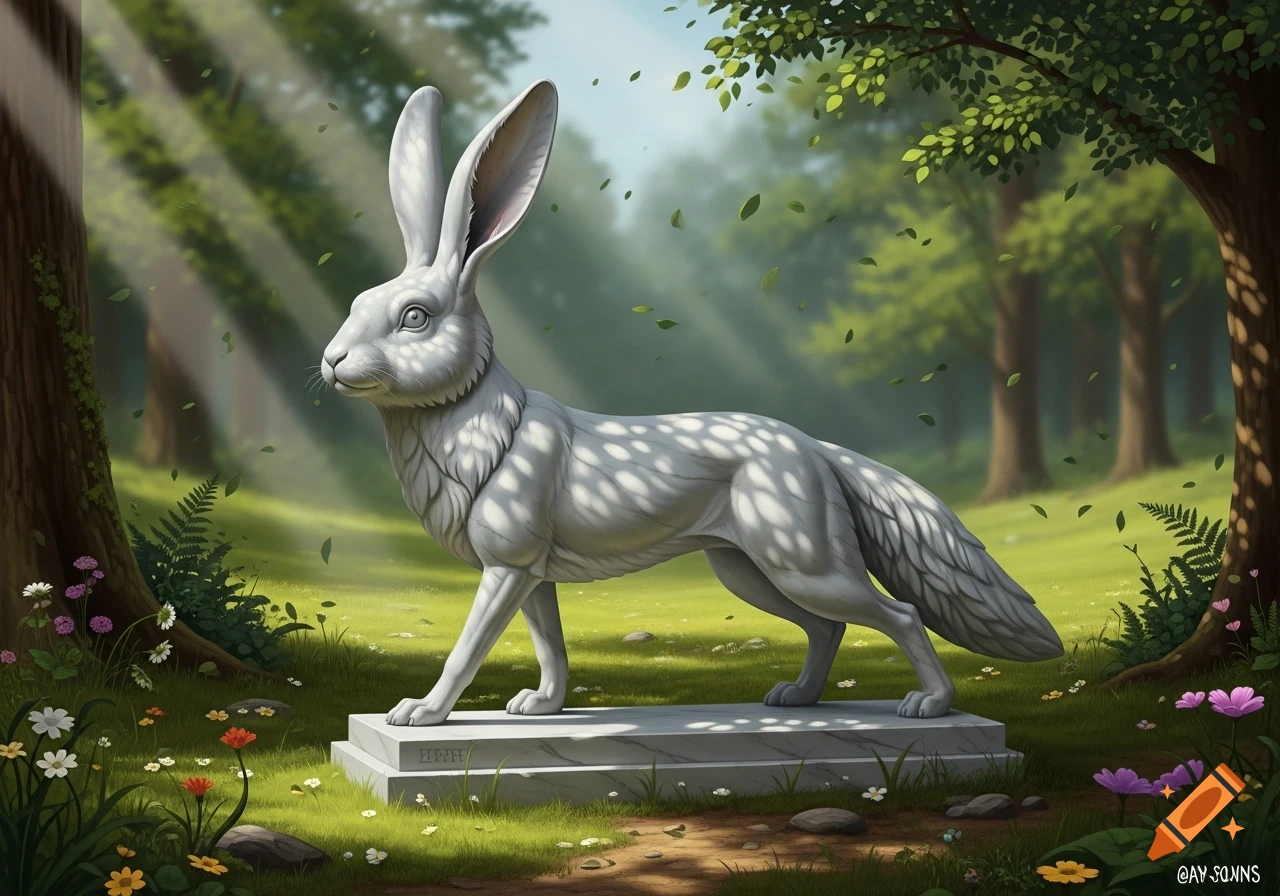 A white marble statue of a creature with a rabbit's head and a fox's body stands in a sun-dappled forest.