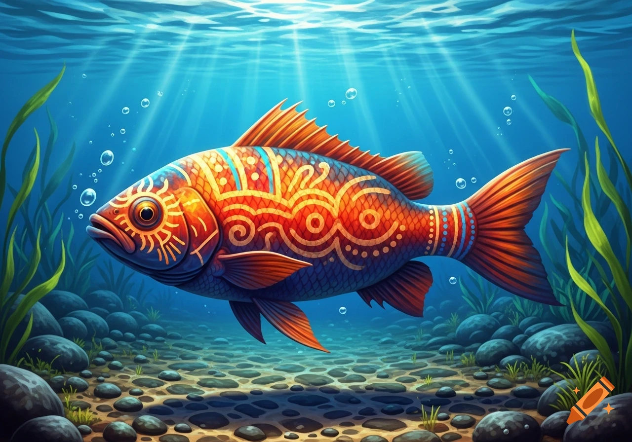 A colorful, intricately patterned fish, resembling Indian war paint, swims in clear blue water with sunbeams and bubbles over a rocky seabed.