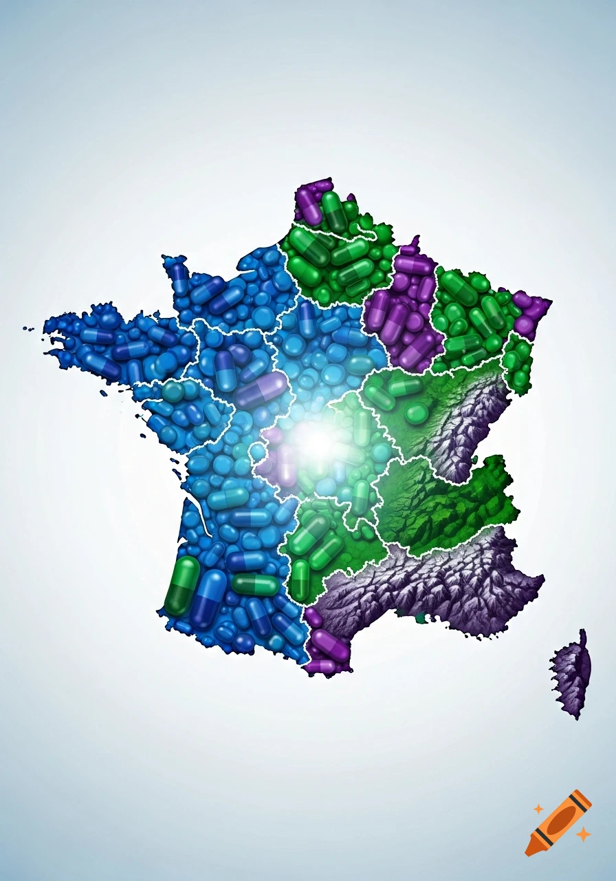 Map of France formed by blue, green, and purple pills and capsules, with a bright glow in the center.
