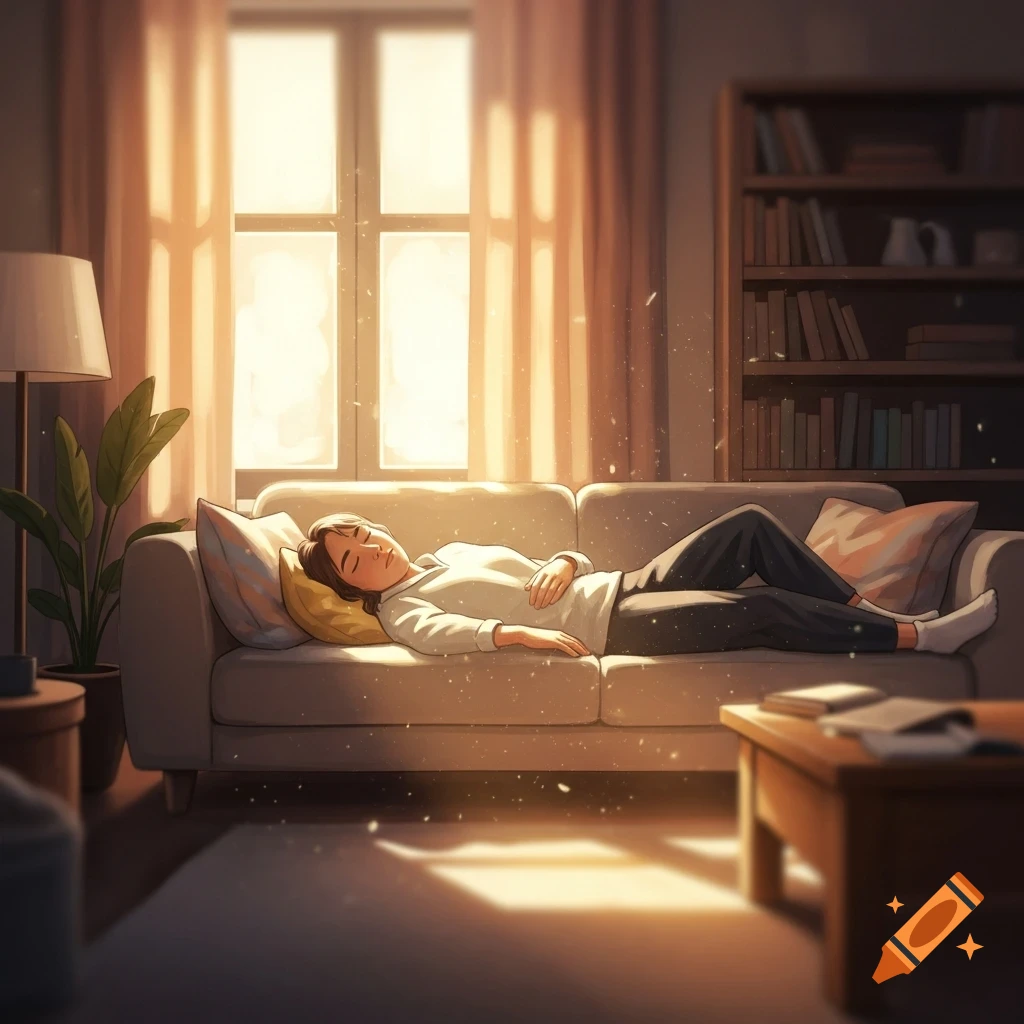 A person sleeps peacefully on a couch in a cozy, sunlit living room, depicted in a dreamy illustration style.