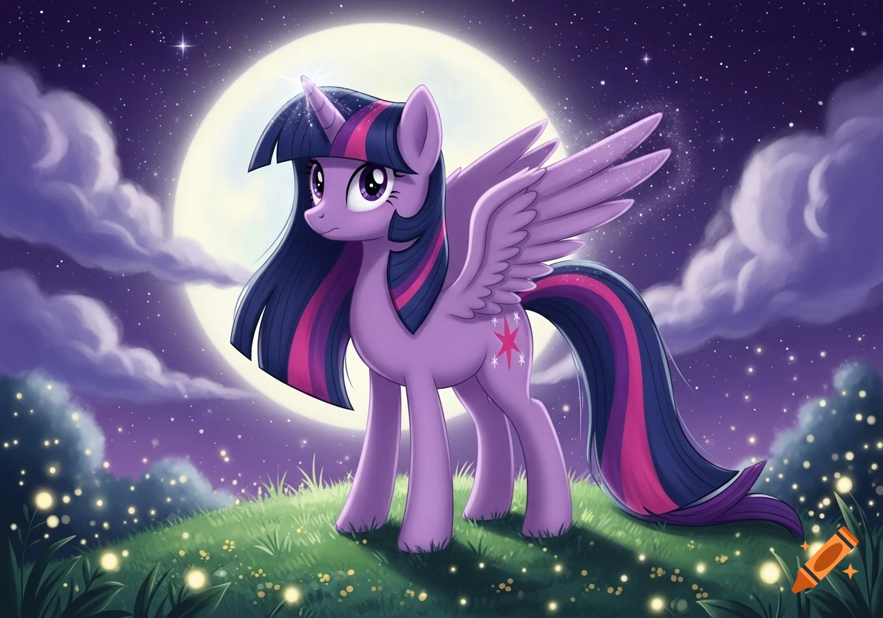 Twilight Sparkle, a purple alicorn pony, stands on a grassy hill under a starry night sky with a full moon behind her.