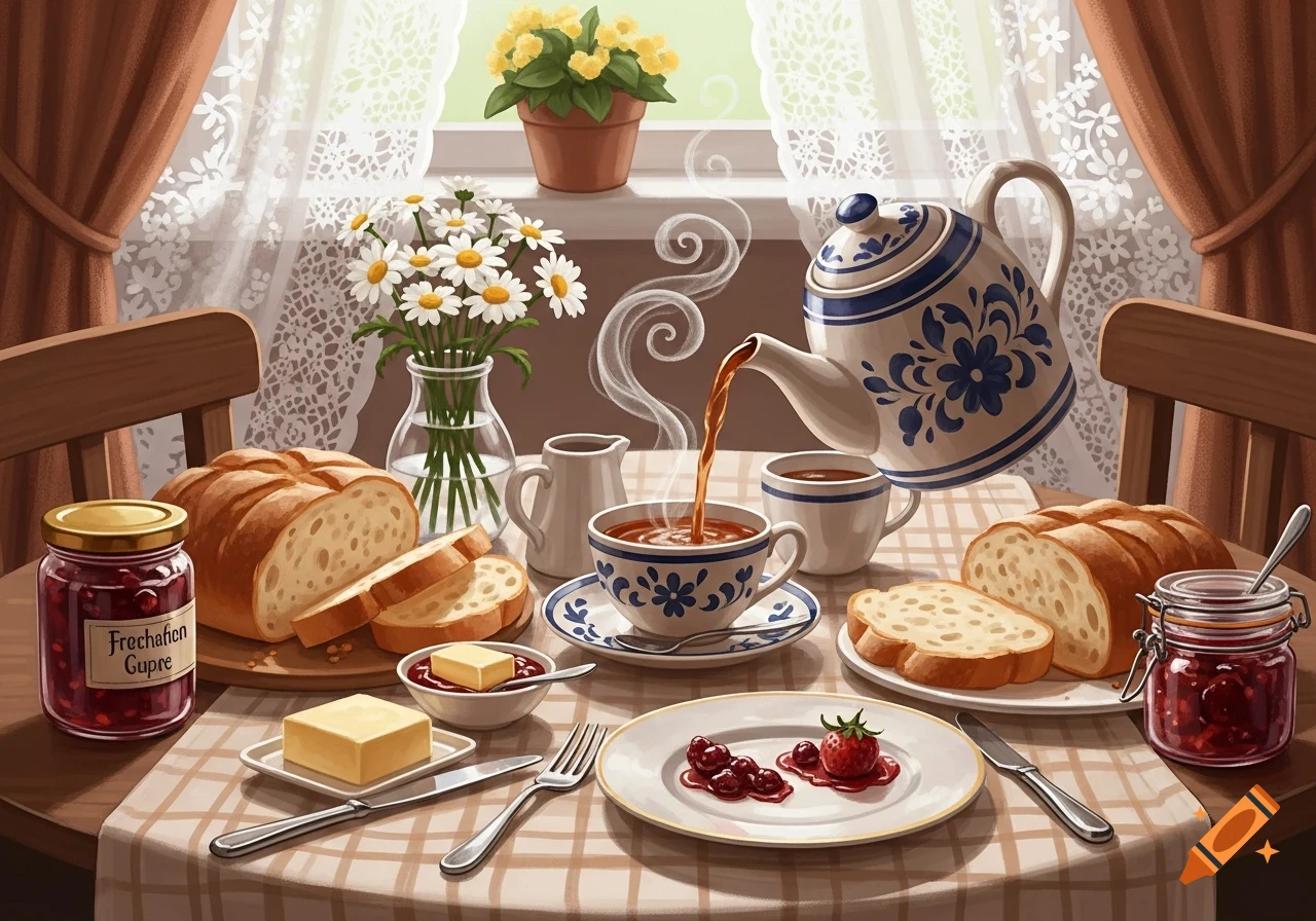 An illustrative overhead view of a rustic breakfast table with bread, butter, jam, and a teapot pouring tea into a patterned cup.