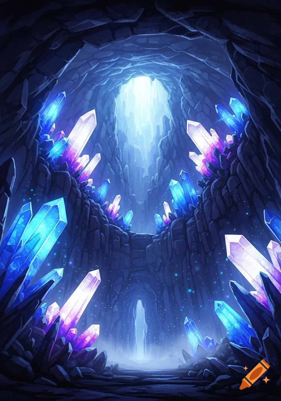 A dark cavern with glowing blue, purple, and white crystals along the rocky walls, illuminated by a bright light from above and a smaller opening below.