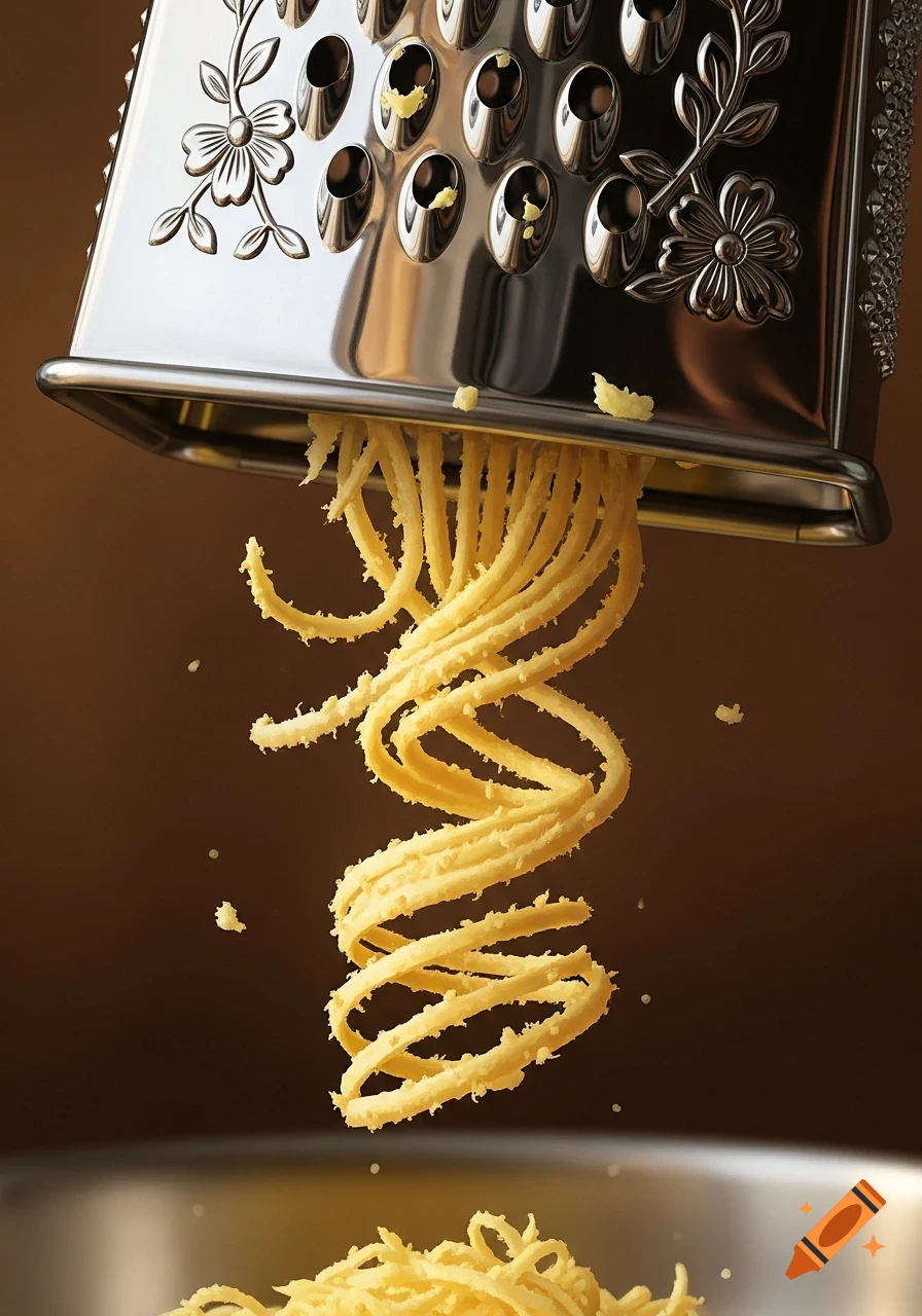 Close-up of a shiny metal grater shredding yellow strands of ginger or cheese into a pile below.