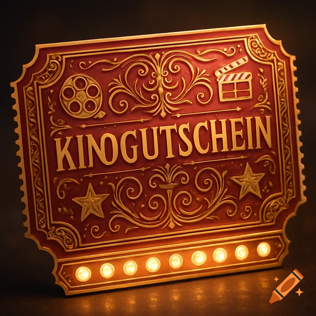 Ornate red and gold movie gift certificate with 'KINOGUTSCHEIN' text, film reel, clapperboard, stars, and glowing lights.