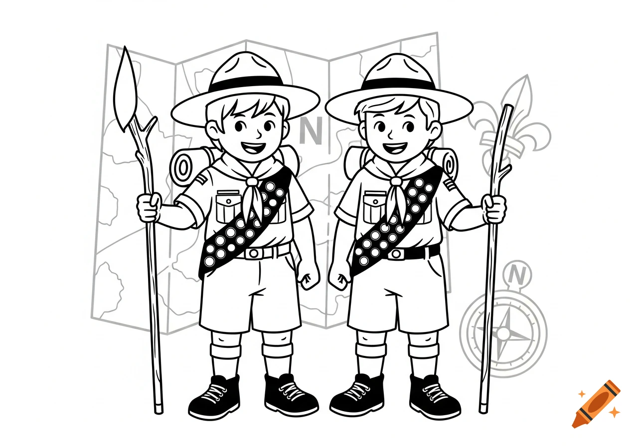 Black and white clip art of two smiling scout boys in uniform, holding walking sticks, with a map and compass in the background.