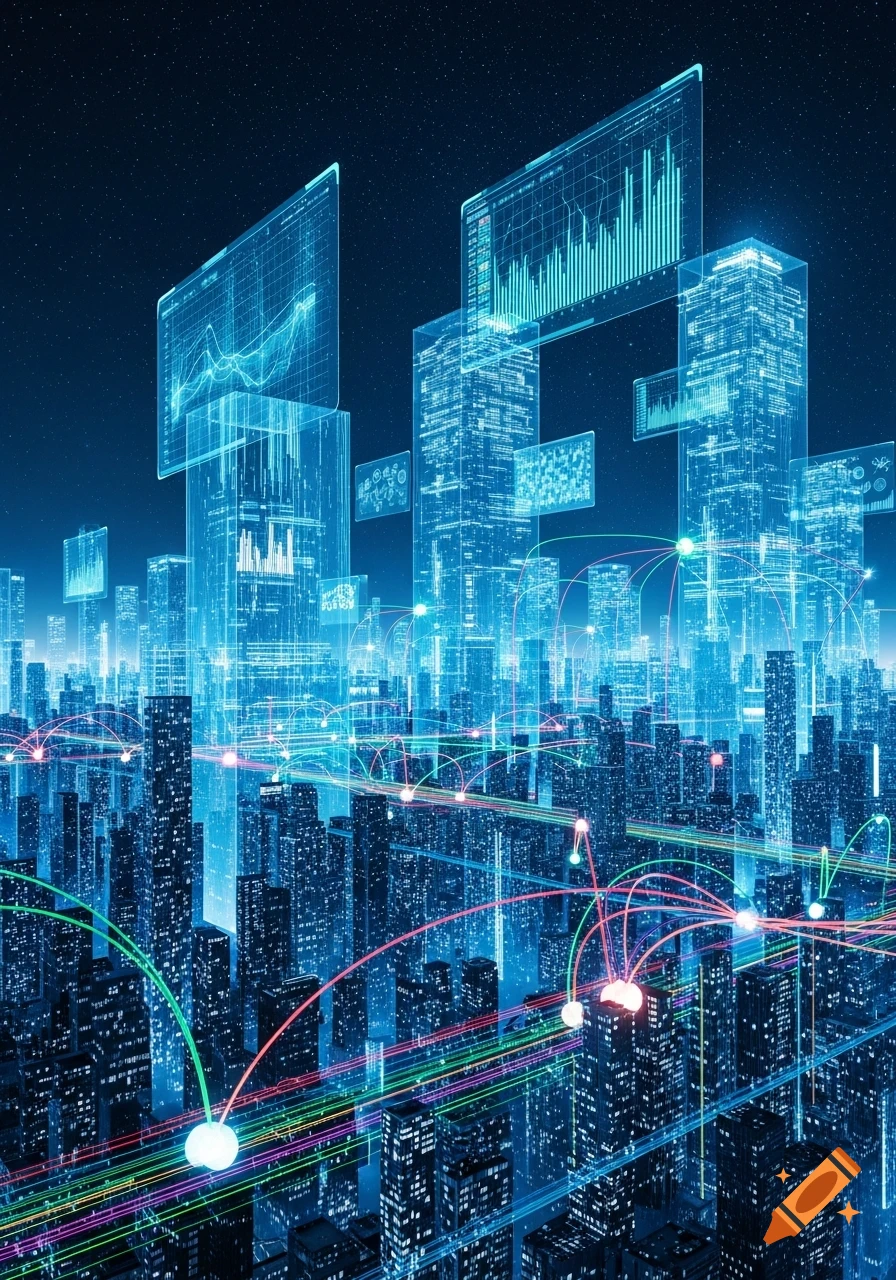 Futuristic city with glowing data visualizations and network lines connecting buildings against a starry night sky, representing technology.