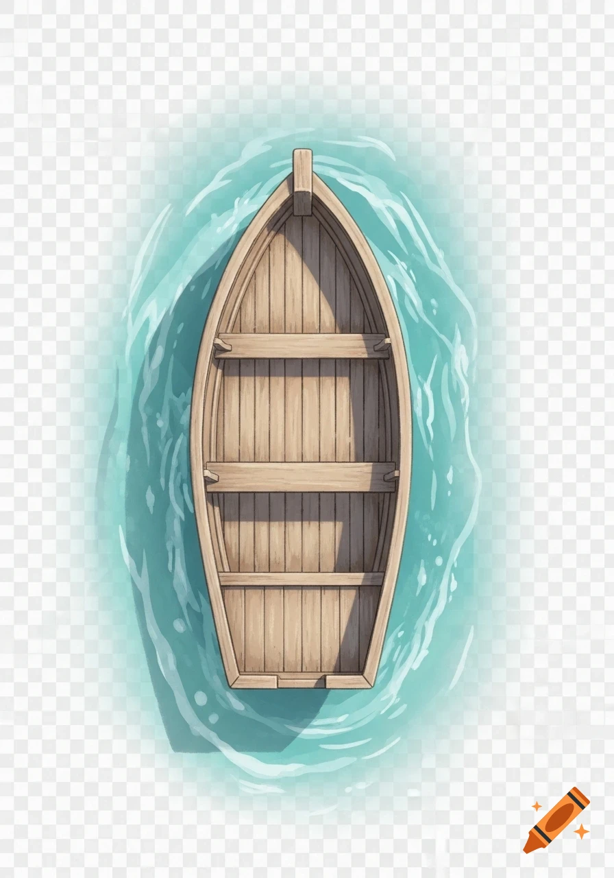 Top-down illustration of an empty wooden boat floating on turquoise water with a transparent background in a Ghibli-inspired style.