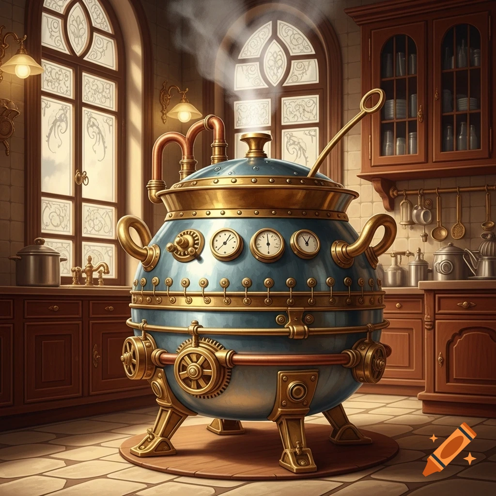 A large, ornate steampunk-style cooking pot with gauges and copper pipes steams in a rustic kitchen with arched windows.