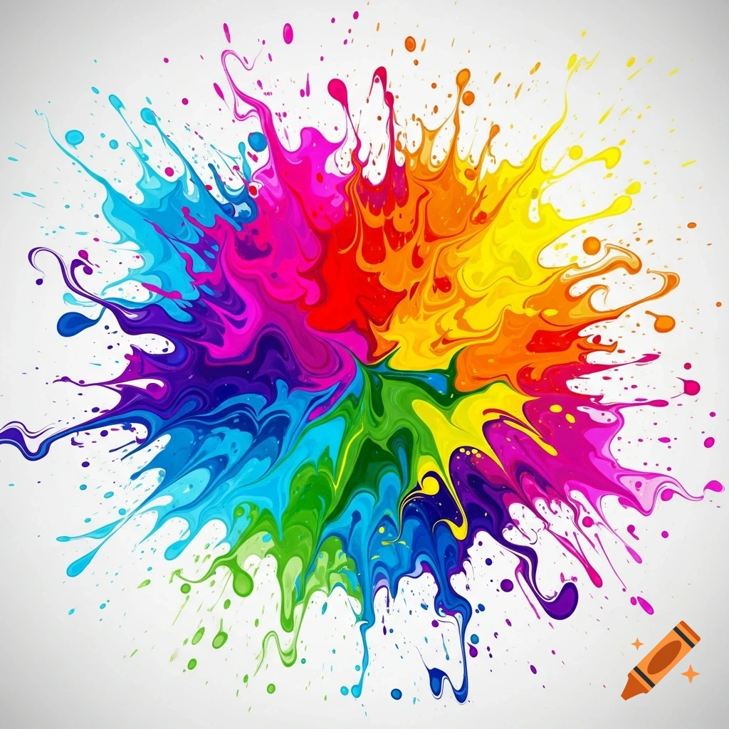 A vibrant, circular paint splash with a rainbow gradient and intricate splatters on a white background.