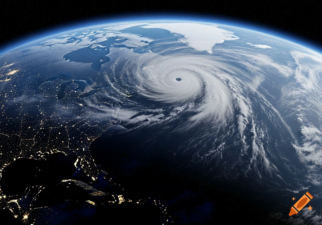 Photorealistic view of Earth from space at night, showing a massive hurricane over the Atlantic Ocean near North America with city lights visible.