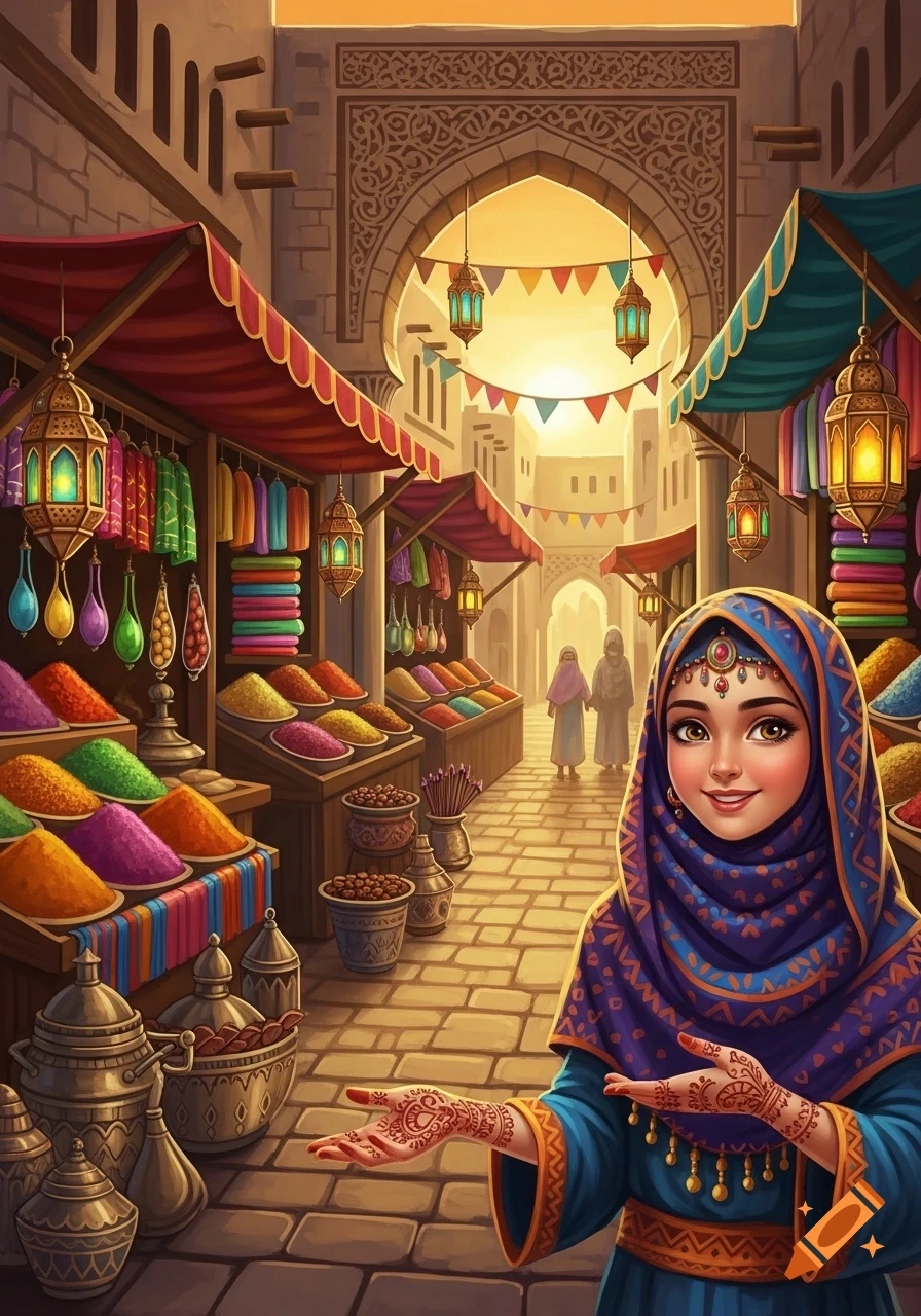 A smiling cartoon woman in a blue hijab and traditional dress with henna hands stands in a vibrant Middle Eastern market filled with colorful spices and lanterns.