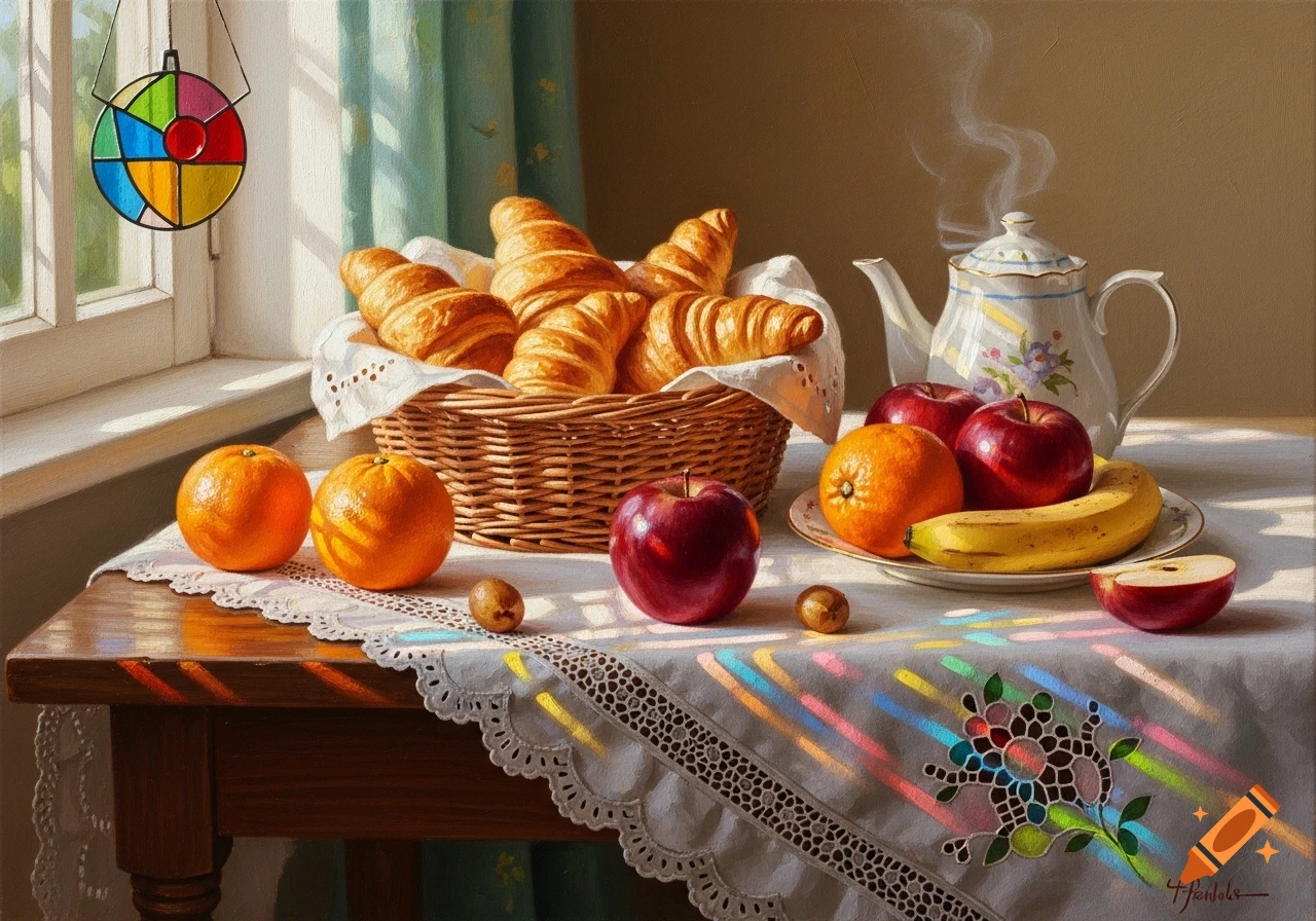 A painted still life featuring croissants, apples, oranges, a banana, and a steaming teapot on a lace-covered table, bathed in colorful light.