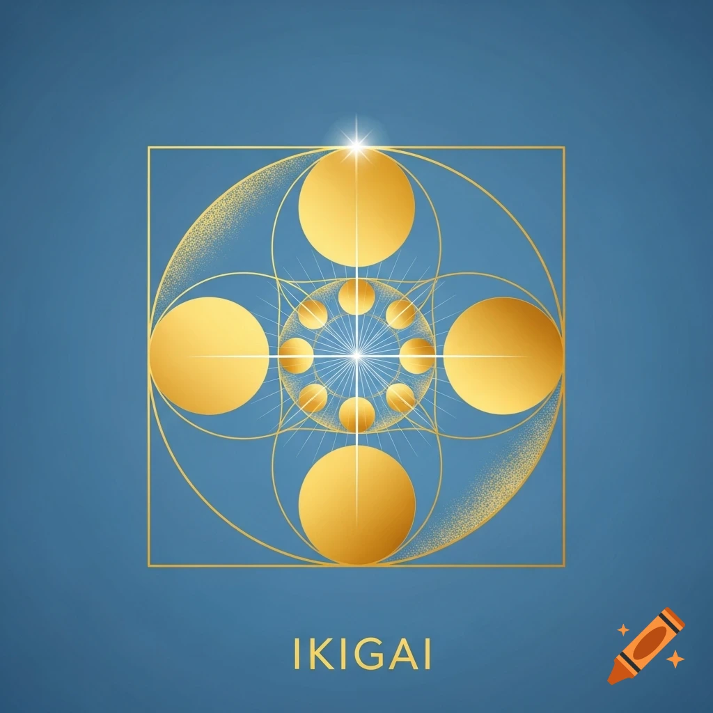 A golden geometric symbol, possibly representing the golden ratio, with a central starburst and the word "IKIGAI" below, on a deep blue background.