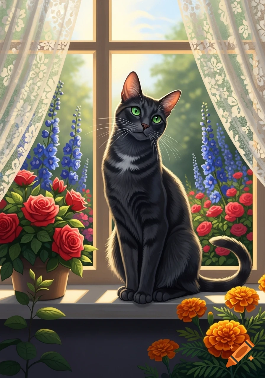 A grey tabby cat with green eyes sits on a sunlit windowsill next to a pot of red roses, looking out at blue and orange flowers.