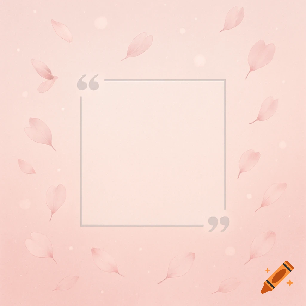 Soft pink background with floating pink petals and delicate bokeh lights framing an empty quote box with quotation marks.