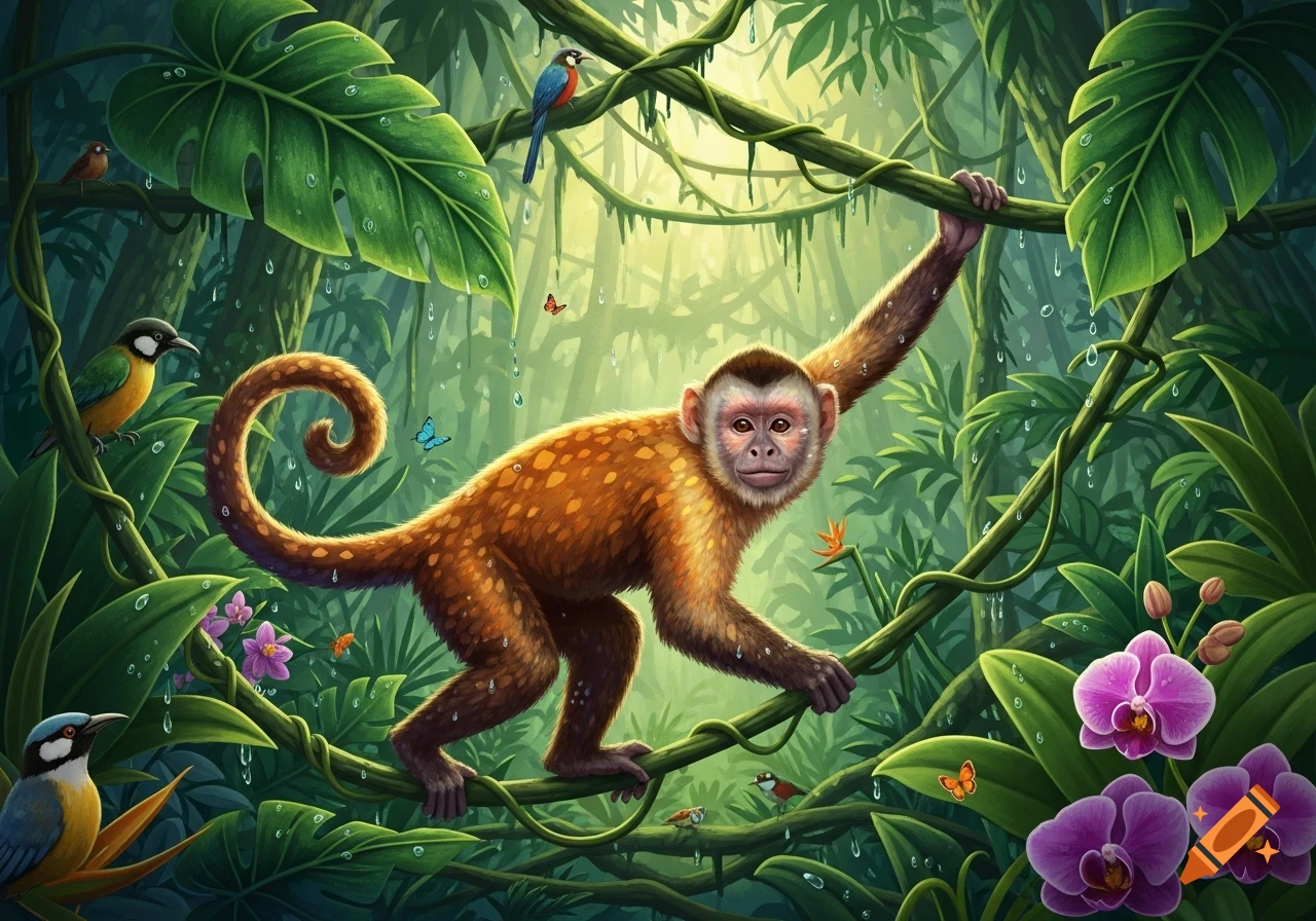 A colorful, cartoon-style illustration of a monkey hanging from a vine in a lush green jungle with birds and purple orchids.