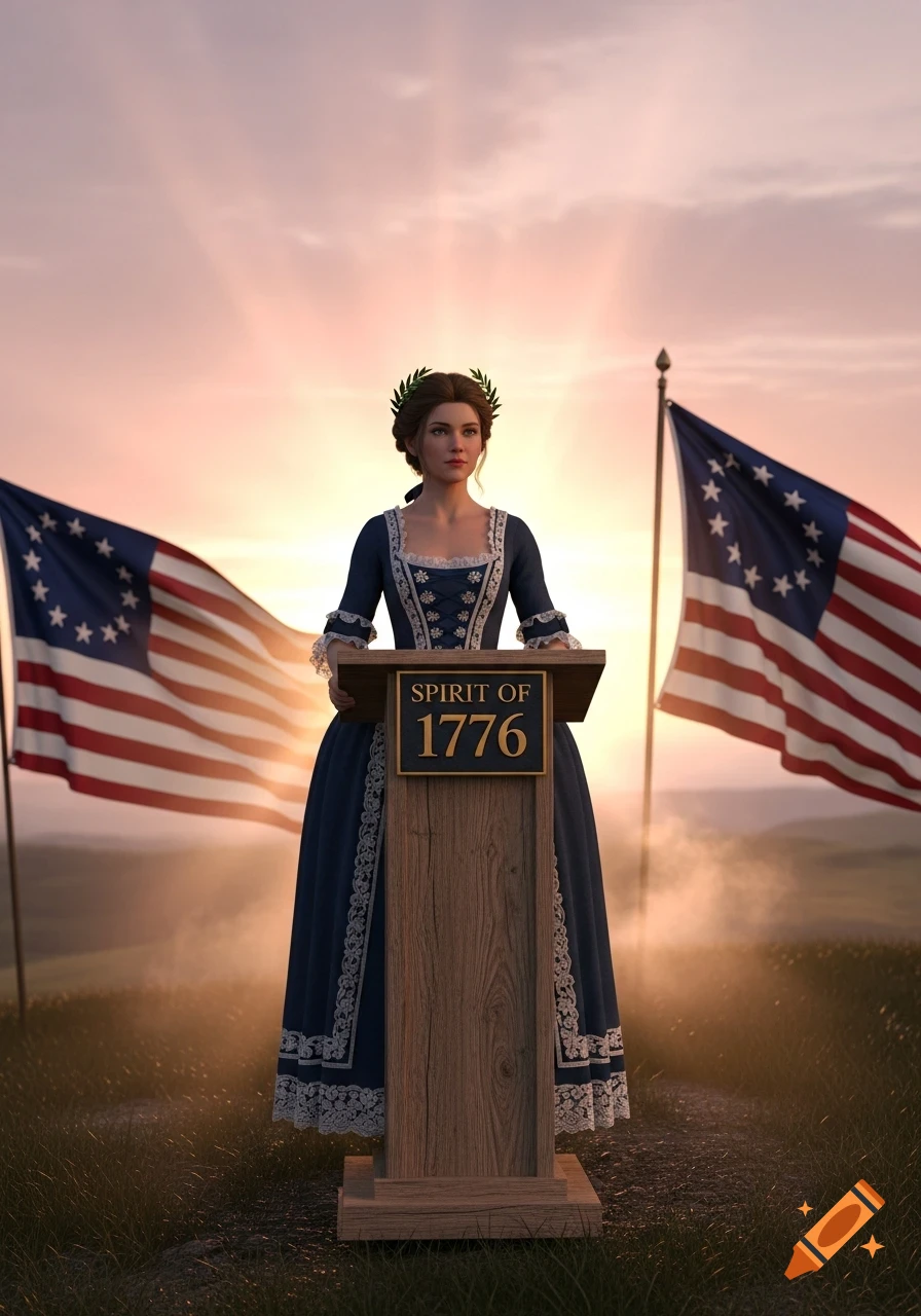 A 3D render of a woman in an 18th-century dress and laurel wreath, at a podium with 'Spirit of 1776' and two Betsy Ross flags at sunset.