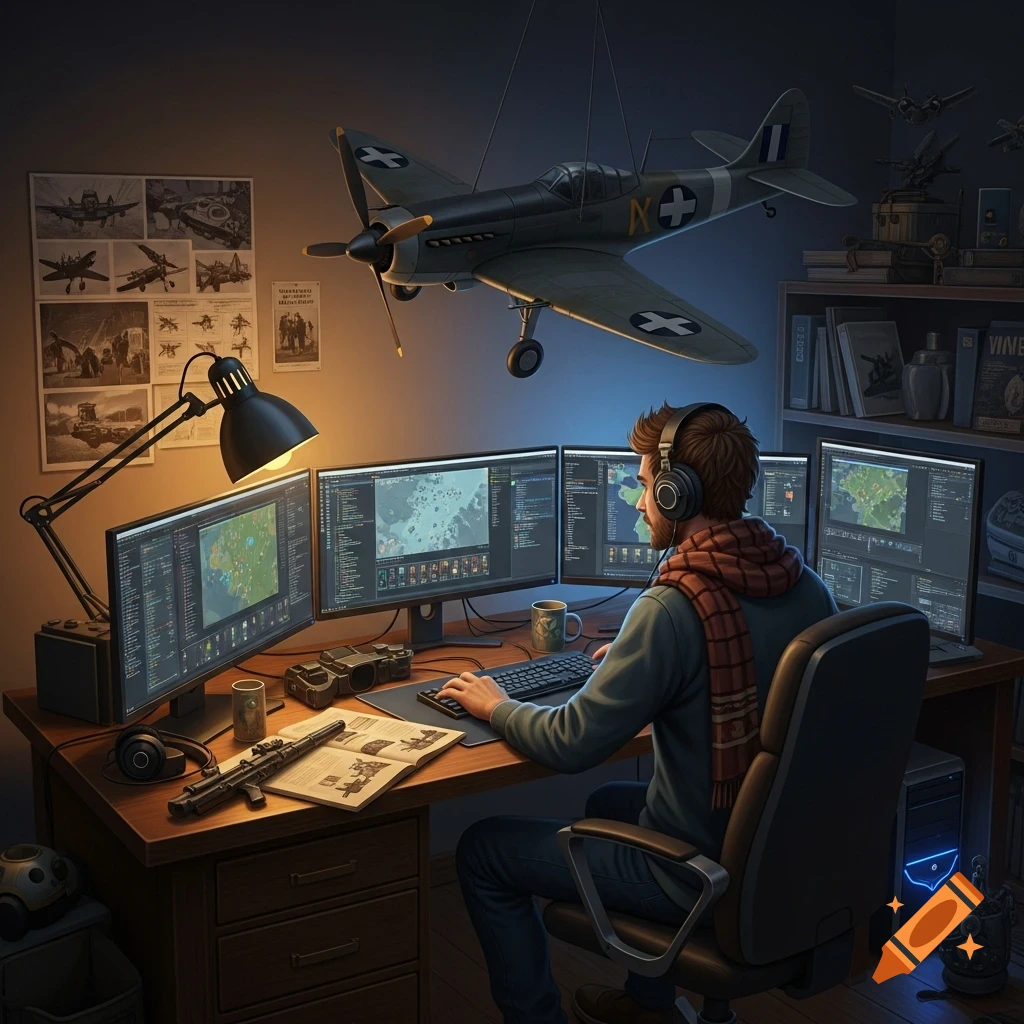 A man with headphones codes on a multi-monitor computer setup in a dimly lit room with a model airplane hanging overhead and WWII-themed decorations.