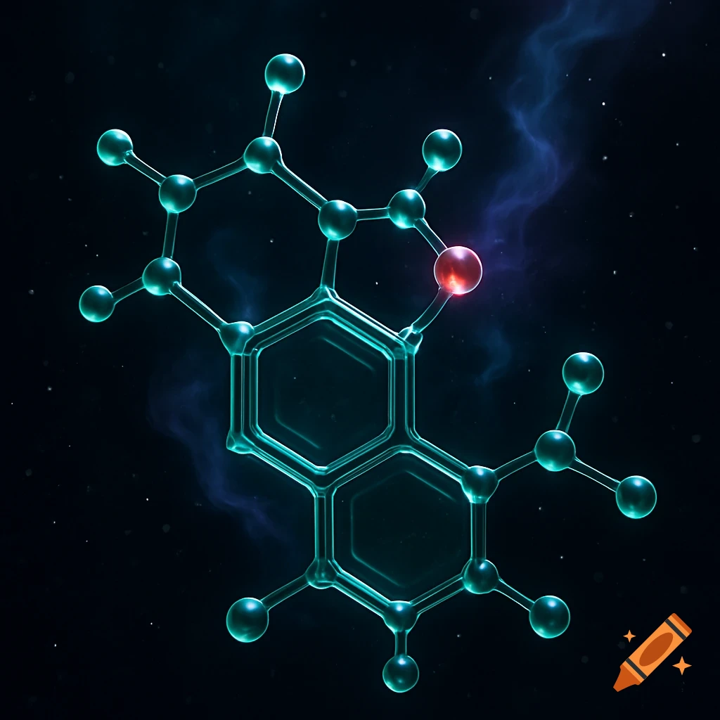 A stylized glowing blue and red chemical molecule structure against a dark, starry background with blue nebula wisps.