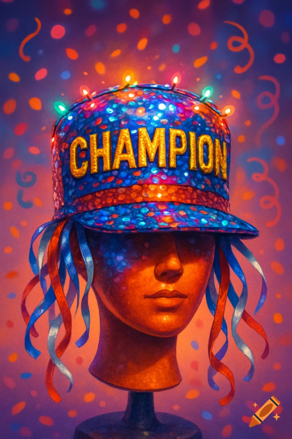 A colorful, sequined 'CHAMPION' hat adorned with string lights and ribbons, on a mannequin head amidst confetti.