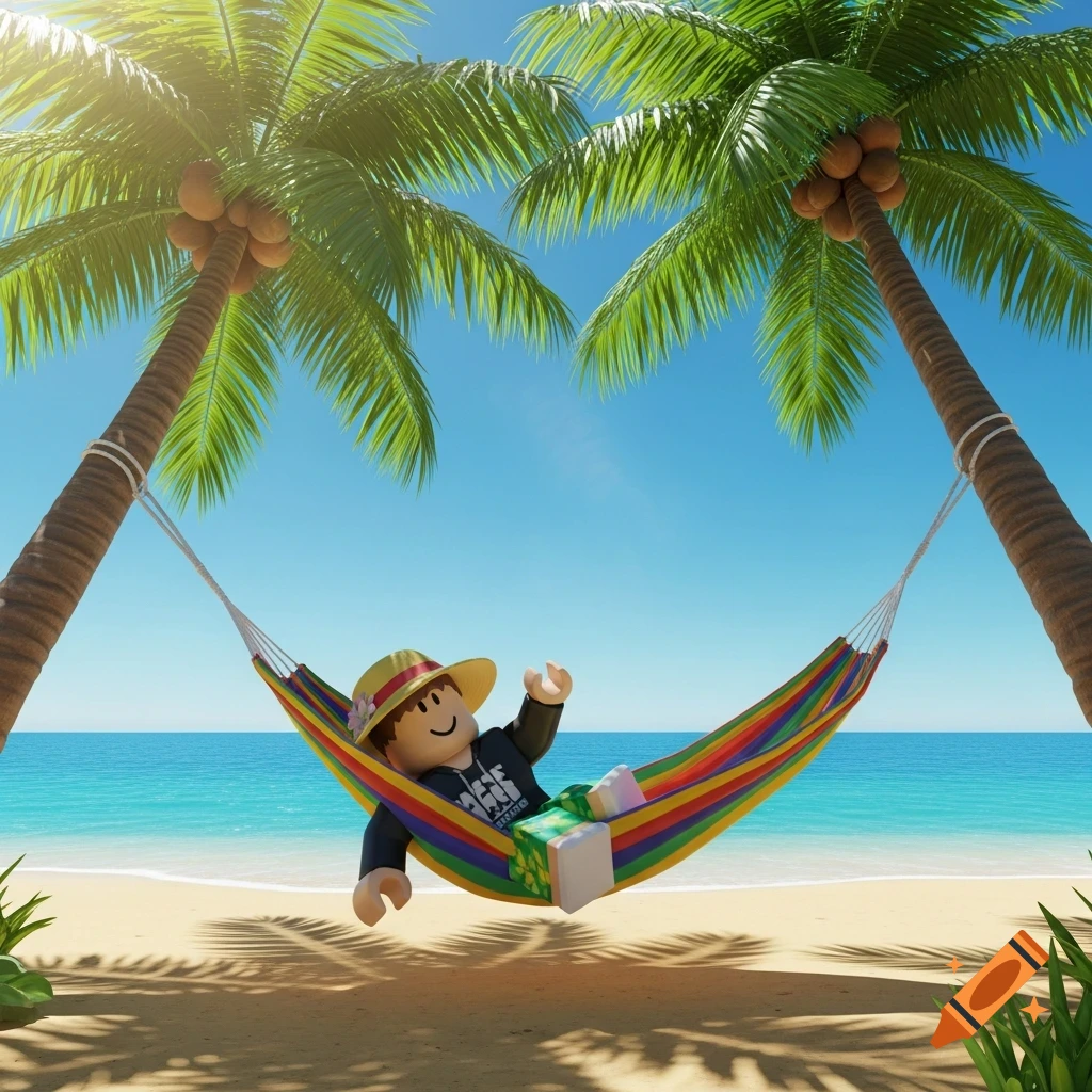 A Roblox character relaxes in a colorful hammock between two palm trees on a sunny beach with the ocean in the background.