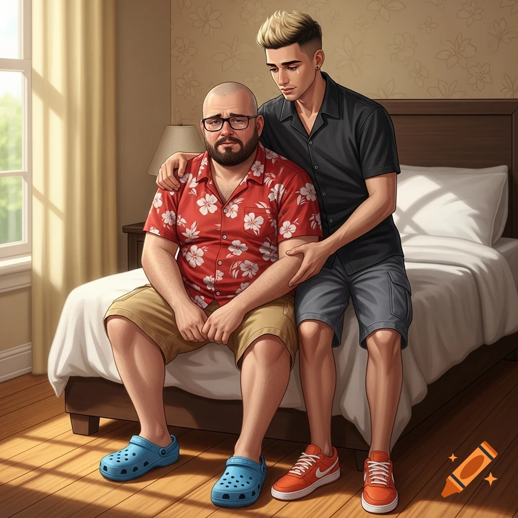 Digital illustration of an upset, bearded man in a red Hawaiian shirt sitting on a bed, being comforted by his boyfriend with blond highlights.