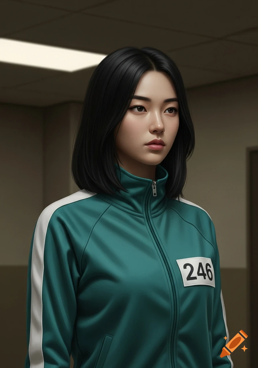 A photorealistic portrait of a young Korean woman with black hair wearing a teal tracksuit with a "246" number tag, looking to the right with a cold expression.