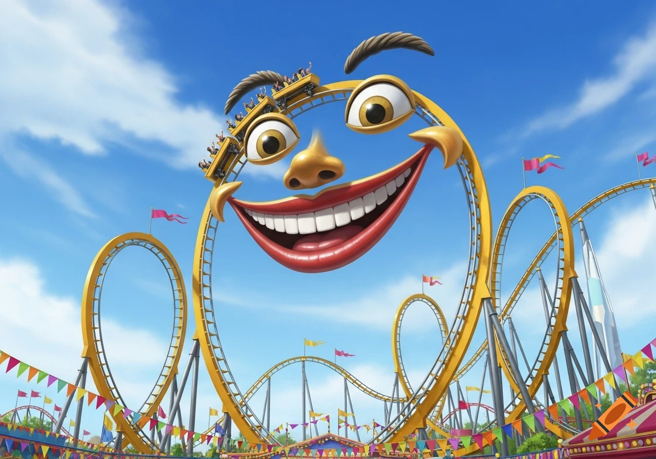A vibrant cartoon roller coaster shaped like a giant smiling face with eye loops, set against a blue sky in an amusement park.