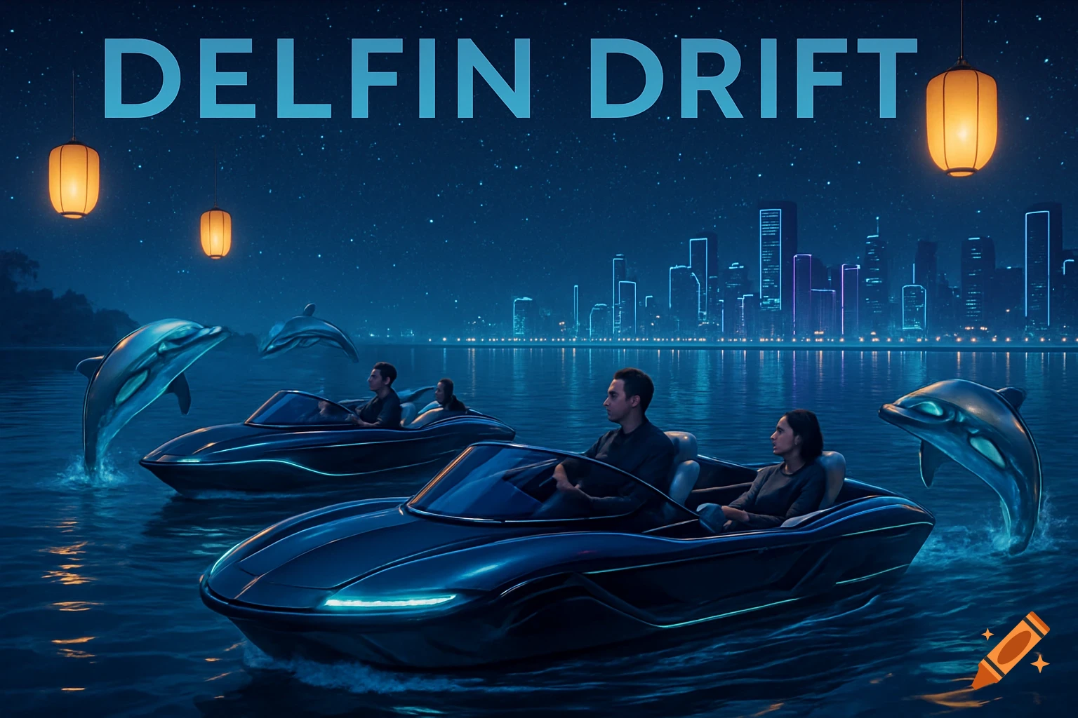 DELFIN DRIFT text above a stylized night scene with futuristic boats, people, jumping dolphins, and a glowing city skyline.