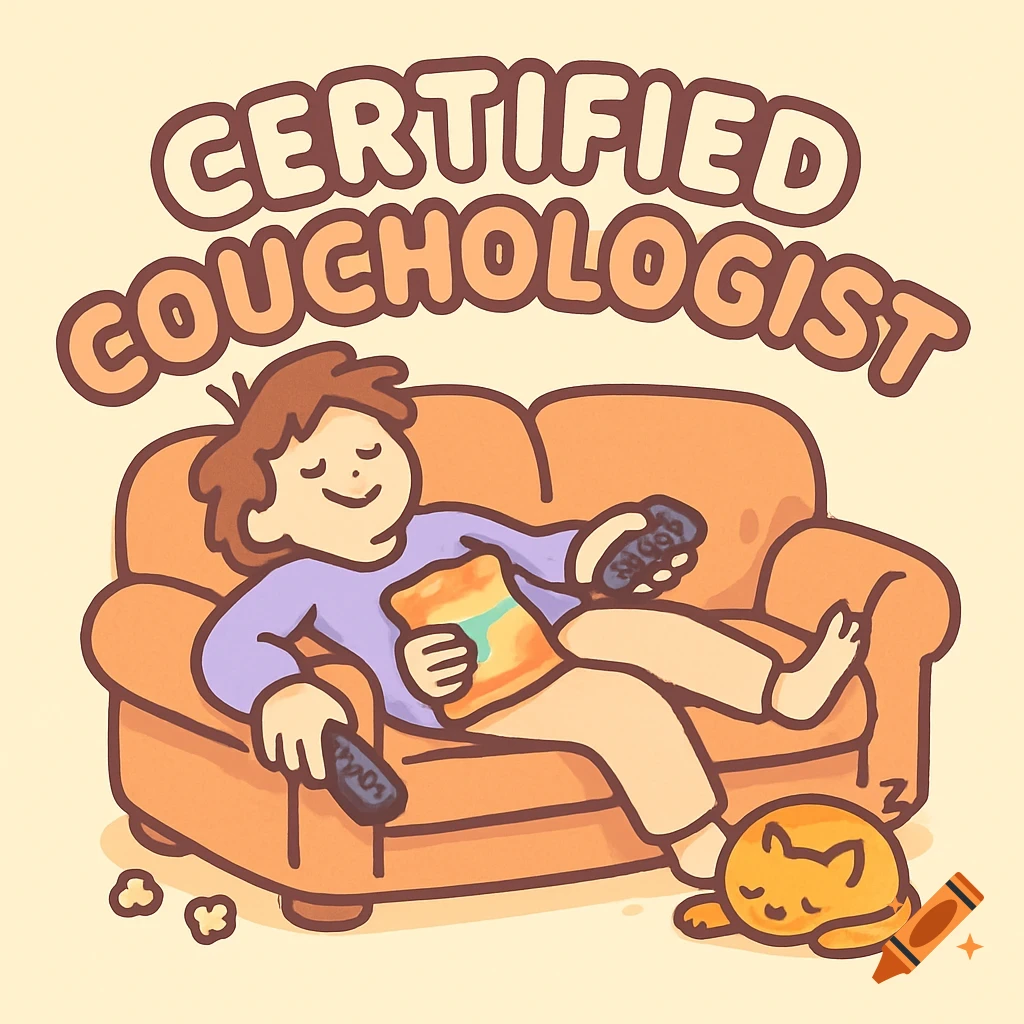 A cute cartoon of a person lounging on an orange couch with a bag of chips and a remote, next to a sleeping cat. Text reads "CERTIFIED COUCHOLOGIST".
