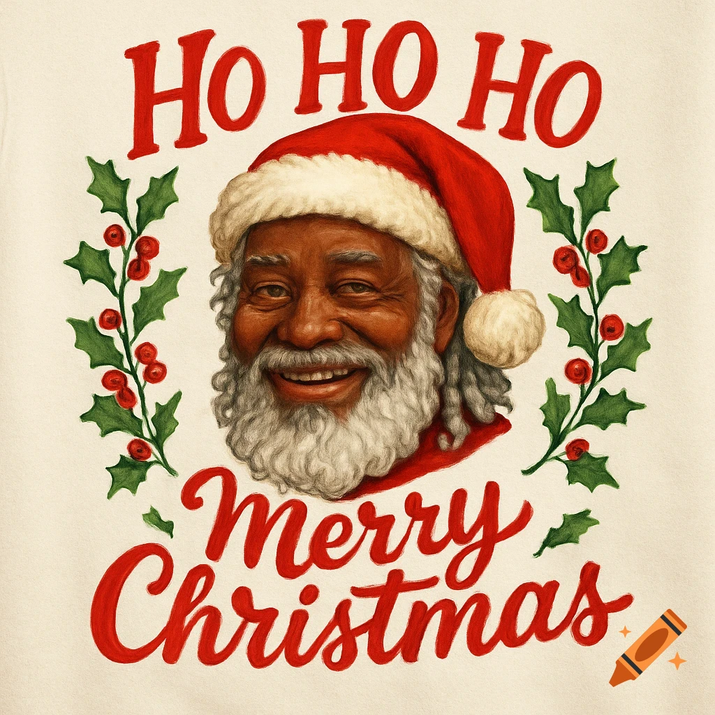 An illustration of a smiling Black Santa Claus with locs wearing a red hat, framed by holly, with "HO HO HO" and "Merry Christmas" text.