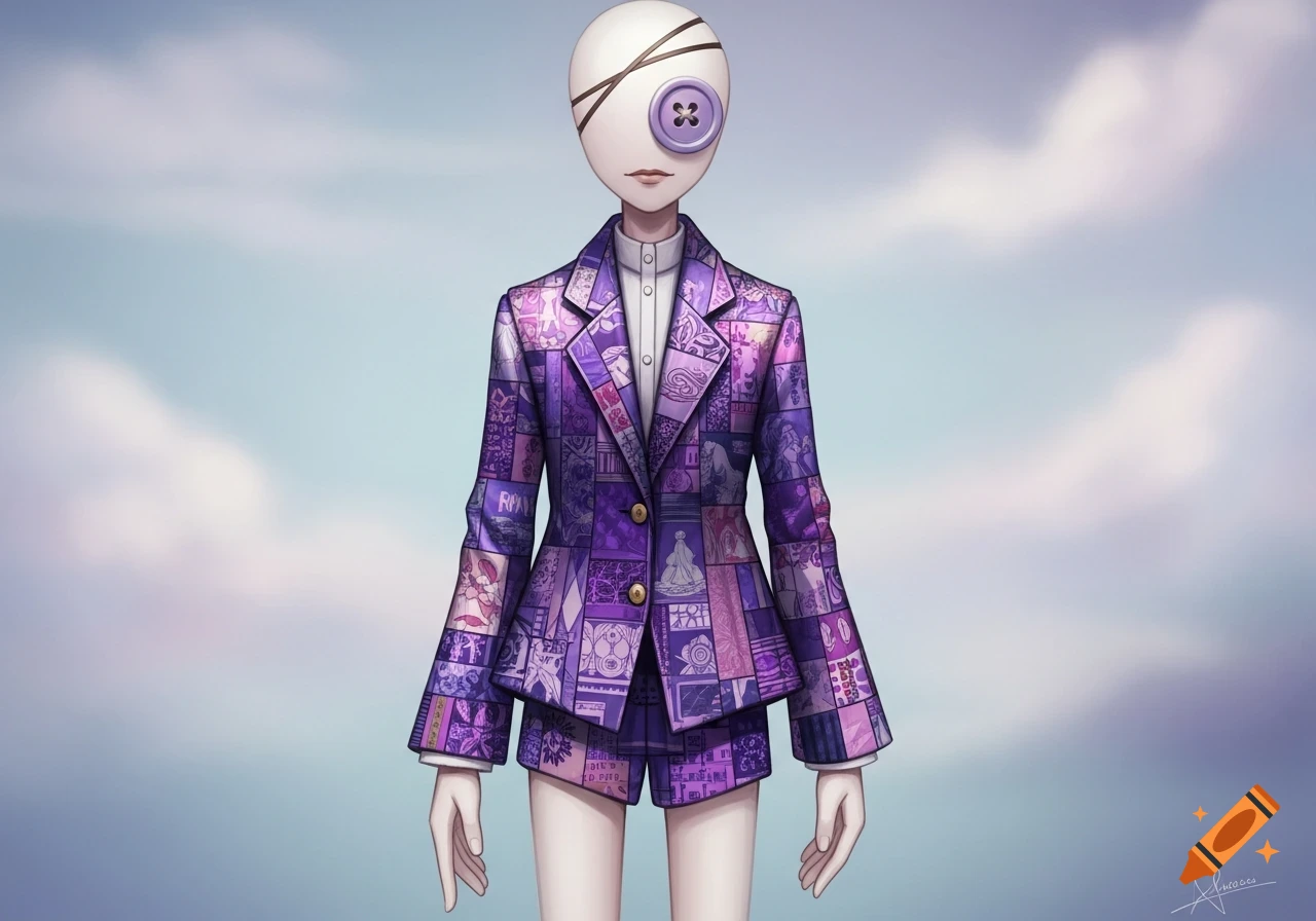 Stylized anime doll figure with a button eye, wearing a purple collage jacket and shorts, against a cloudy sky.