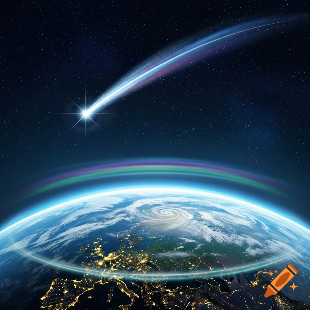 A bright shooting star streaks across a starry dark sky above planet Earth, with visible city lights and a hurricane.