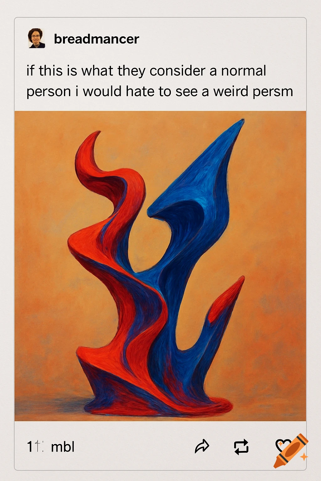 A screenshot of a Tumblr post featuring a swirling red and blue abstract sculpture, with a humorous caption about normal versus weird people.